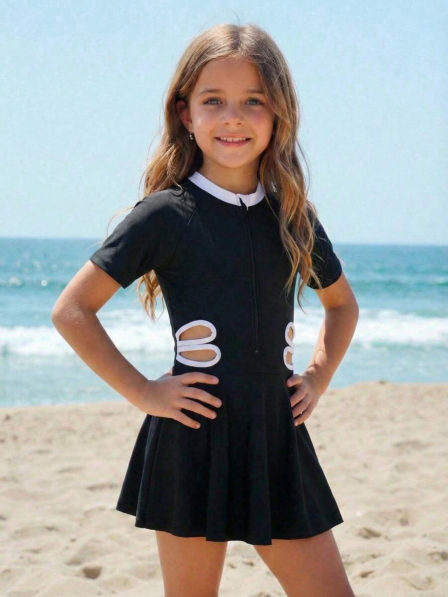 Emery Rose Kids Emery Rose Kids 3件套女童镂空腰短袖翻领泳衣、泳装和泳帽套装 - 黑色 - 查看 1