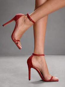 CUCCOO SZL Giày sandal cao gót mũi vuông mỏng, quai ngang mắt cá chân gợi cảm dành cho nữ, màu đỏ rượu vang, phong cách đường phố thời trang, phù hợp cho buổi tối đi chơi, hẹn hò, dự tiệc, mùa hè. - Cát vàng đàn hồi màu đỏ - Xem 4