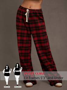 SHEIN PETITE CURVE بنطلون نسائي بخصر مربوط بسحاب، طباعة مربعات، قطعة ملائمة للارتداء اليومي والذهاب إلى المدرسة والخروج، بقصة فضفاضة وساق واسعة، مناسب للربيع والأنشطة اليومية - عنابي اللون - مشاهدة 6