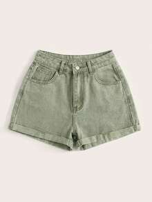 GlowEve Quần short denim nữ mùa hè, kiểu dáng thường ngày, gấu quần xắn lên, cạp cao. - xanh quân đội - Xem 3