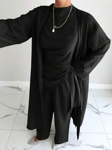 Siren Gaze Bộ 3 món áo và quần nữ màu trơn kiểu dáng thường ngày - màu đen - Xem 2