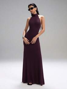 LYSMO Women's Backless Deep V-Neck Sundress- Spring/Summer Vacation-2025New Arrival High Neck Dress Wine Dress Dress Long - Red Violet - View 3