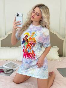 The Winx X SHEIN Women's Letter & Cartoon Figure Graphic Round Neck Short Sleeve Nightgown - Multicolor - View 5