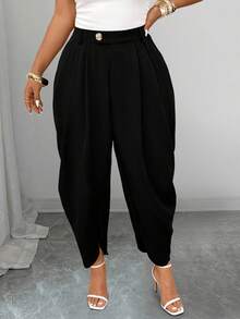 Elenzga 大码女式宽松黑色长裤，侧边采用大码松紧腰带设计，配金属扣，时尚百搭，适合通勤、工作、商务及日常穿着。 - 黑色 - 查看 4