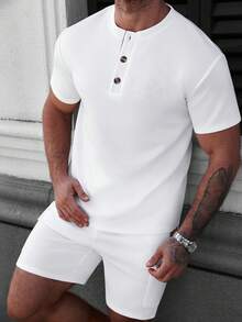 Manfinity Homme 男士白色撞色T恤休闲套装 - 白色 - 查看 7