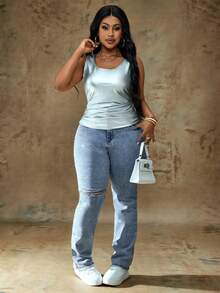 Truni Plus Size Casual Washed Distressed Rhinestone Embellished Jeans, For Pear & Triangle Body Shape - Blue - View 3