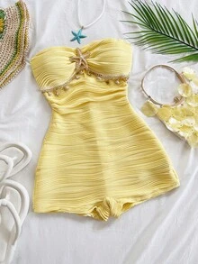 Soleia Women's Jacquard Knit Textured Fabric Metal Accent Jumpsuit, Suitable For Party, Christmas, Date Night, Nightclub, Beach, Cruise, Afternoon Tea, Bohemian, Boho, Vacation, Fall - Yellow - View 1