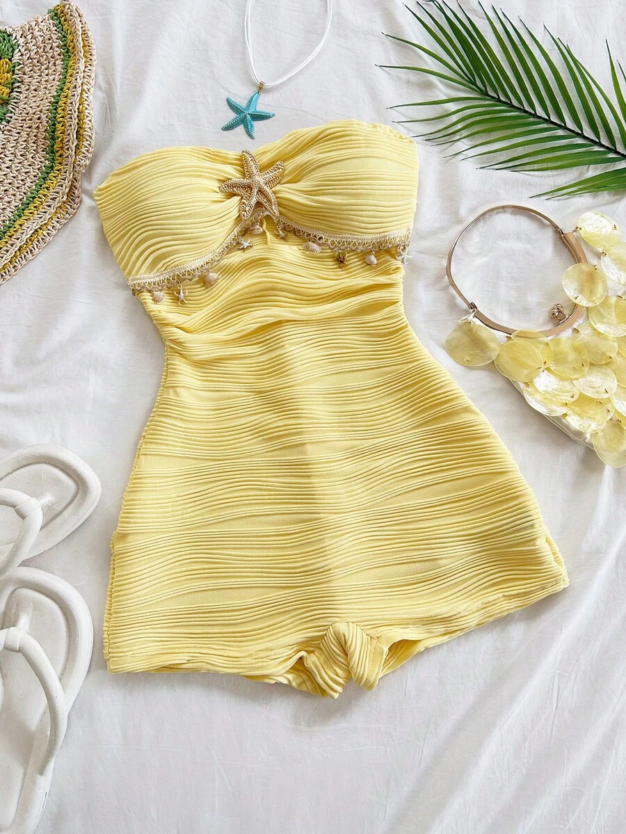 Soleia Women's Jacquard Knit Textured Fabric Metal Accent Jumpsuit, Suitable For Party, Christmas, Date Night, Nightclub, Beach, Cruise, Afternoon Tea, Bohemian, Boho, Vacation, Fall - Yellow - View 1