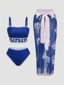 Swim Oasis 2026 New Arrival Elegant Blue & White Porcelain Print Plus Size Swimwear Set, Suitable For Summer - Multicolor - View 5