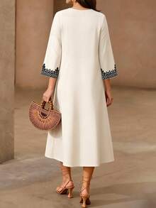 Rafferiza Women's Elegant Vintage Coin Print Long Sleeve Loose Muslim Dress Embroidered Dresses For Women Western - White - View 4