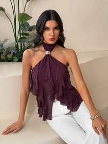 SHEIN Tall 女士优雅多层荷叶边立领修身背心 紫色 - 紫色 - 查看 7