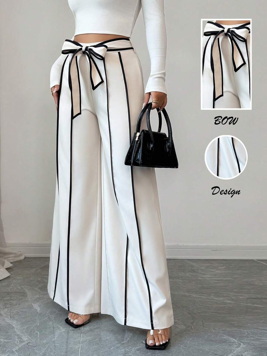 Elenzga Pantalones elegantes sueltos con lazo en la cintura y ribete de color contrastante - Multicolor - Ver 1