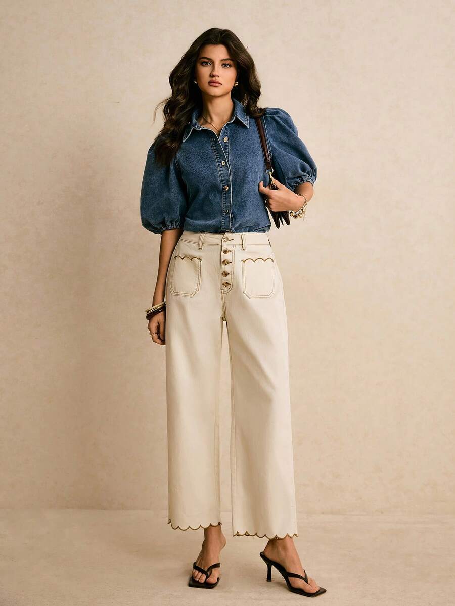 Poéselle 女士休闲通勤斜纹直筒牛仔裤 - 白色 - 查看 1