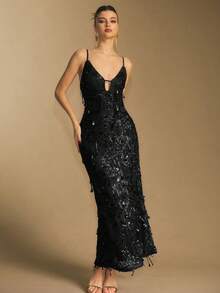 Poéselle 女士时尚亮片露背吊带连衣裙，适合派对穿着 - 黑色 - 查看 4