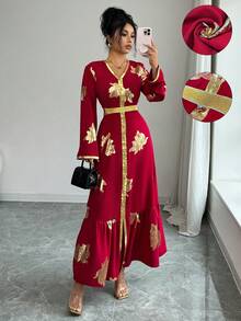 Elenzga 女士优雅时尚通勤休闲舒适迷人复古浪漫假日度假长袖V领收腰A字下摆金色花卉饰边花卉箔印连衣裙 - 紅色 - 查看 4