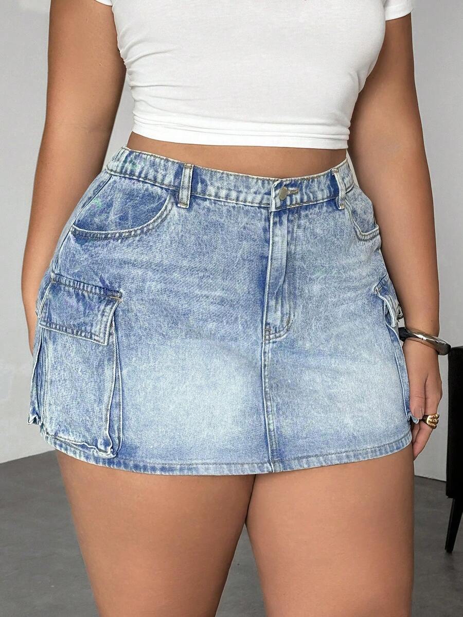 Dripcurv Plus Size Summer Casual Washed Denim Cargo Skirt - Light Wash - View 1