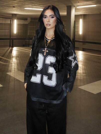 AfricaSnchz 青少年女孩时尚街头服饰拼色印花宽松长袖运动衫