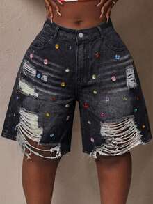 Slaydiva Shorts vaqueros de talle medio con efecto desgastado para tallas grandes - Negro - Ver 4