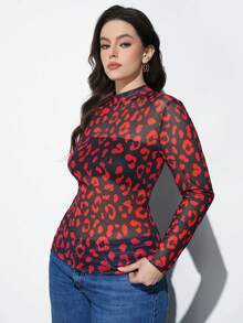 Maija 大码女式豹纹透视长袖修身上衣，猎豹纹圣帕特里克节女装，复活节夏季派对上衣，海滩夏季假期女装，夏季外出毕业休闲上衣 - 紅色 - 查看 3