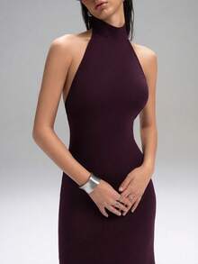 LYSMO Women's Backless Deep V-Neck Sundress- Spring/Summer Vacation-2025New Arrival High Neck Dress Wine Dress Dress Long - Red Violet - View 5