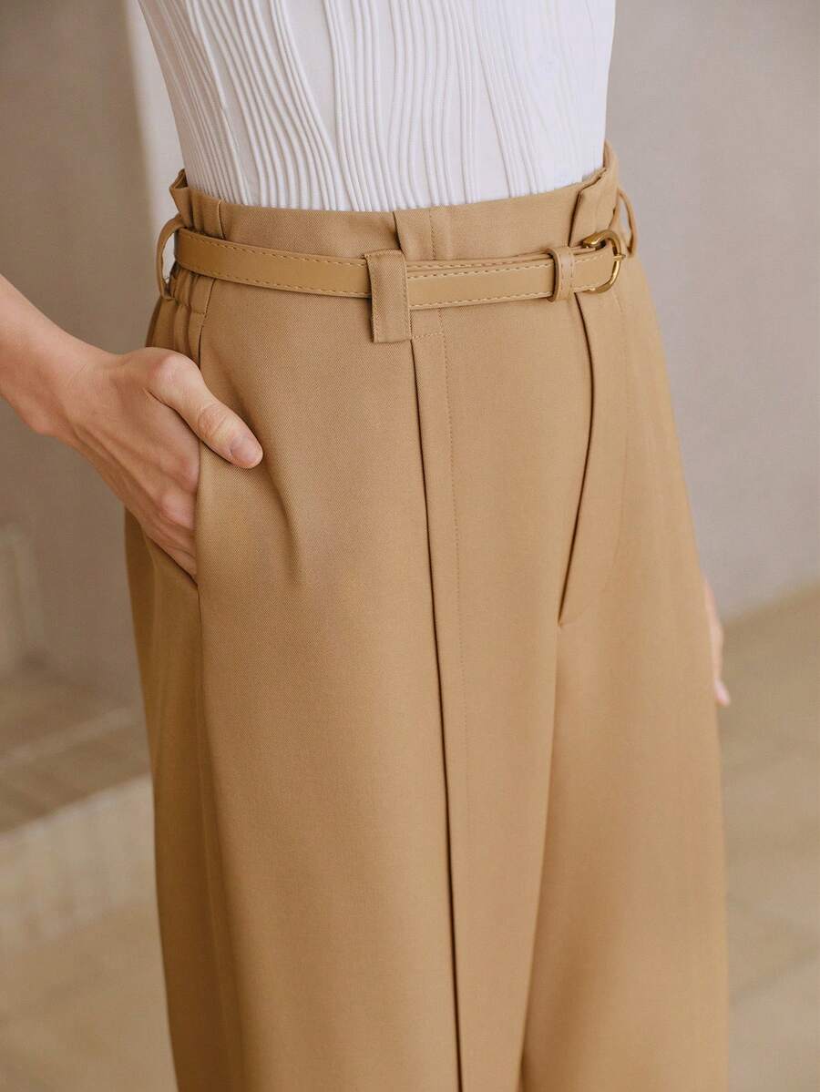 Anewsta Women's High Waist Khaki Wide Leg Pants With Belt Loops And Slit Hem, Loose Elegant Business Casual Trousers - Khaki - View 1