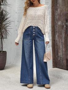 SHEIN Tall Jeans anchos de pierna ancha con bolsillos en diagonal y botones, de uso casual y para ir al trabajo, para mujer - Azul lavado oscuro - Ver 9