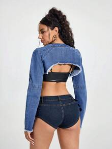 SHEIN Unity Chaqueta corta de mezclilla de unicolor de moda para mujer - Azul - Ver 2