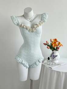Elamini Women's Fashion Cap Sleeve Ruffle Trim 3D Floral Bodysuit - Blue - View 1