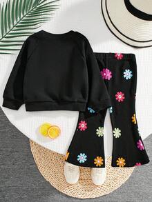 2pcs Baby Girl Loose Casual Minimalist Comfortable Round Neck Long Sleeve  Floral Pattern Sweatshirt And Flare Pants Set  Floral Pattern Knit Soft Crew Neck Long Sleeve Sweatshirt And Long Pants Set - Multicolor - View 2