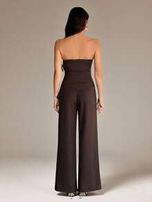 SHEIN Tall Women's Casual Sleeveless Top And Pants Suit Set, Summer In Fall/Winter Brown Two Piece Set Strapless Jumpsuit Brown Jumpsuit Dark Brown Top Chocolate Brown Top Brown Strapless Top Strapless Top And Pants Set Dark Brown Two Piece Set Chocolate Brown Outfit Wide Leg Brown Pants - Brown - View 2