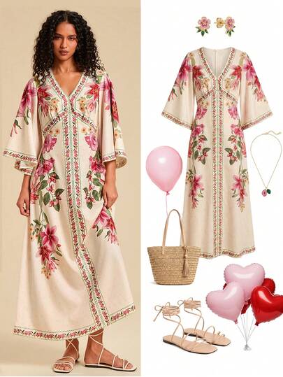Travachic Women's Casual Floral Print Dress For Vacation, Colorful Dress, Beach Chic Dress, Christmas Party, Elegant New Year's Eve Outfits, Casual Going Out Outfits,Vacation Casual Terno Outfit For Women,Winter Clothes For Women,Christmas Outfit For Women,Summer Outfits For Women,New Year Outfit,Party Outfit,Christmas Dress,Party Dress,Beach Outfit,Elegant Dresses For Women,Pink Dress