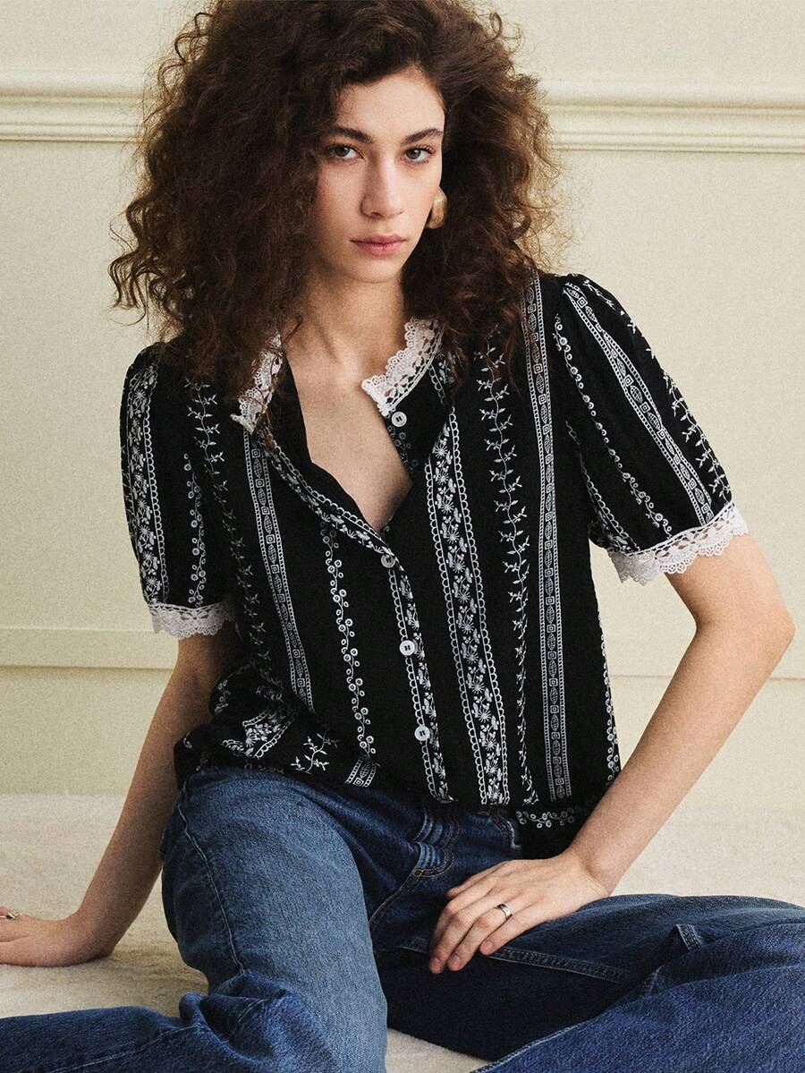 Écloséra 新款优雅休闲纯色圆领荷叶边短泡泡袖透明纽扣女式衬衫，春夏款 - 黑色 - 查看 1