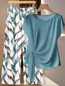 EMERY ROSE Plus Size Casual Commuter Solid Color Tie Shirt & Floral Print Pants 2-Piece Set Spring - Teal Blue - View 4