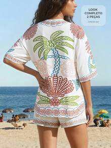 CAJUNI Kolorowy haftowany zestaw "Tropikalne wakacje" – koszula i szorty - Wielokolorowe - Zobacz 7