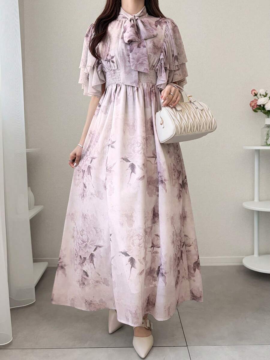 FRIFUL 女士优雅通勤印花荷叶边连衣裙