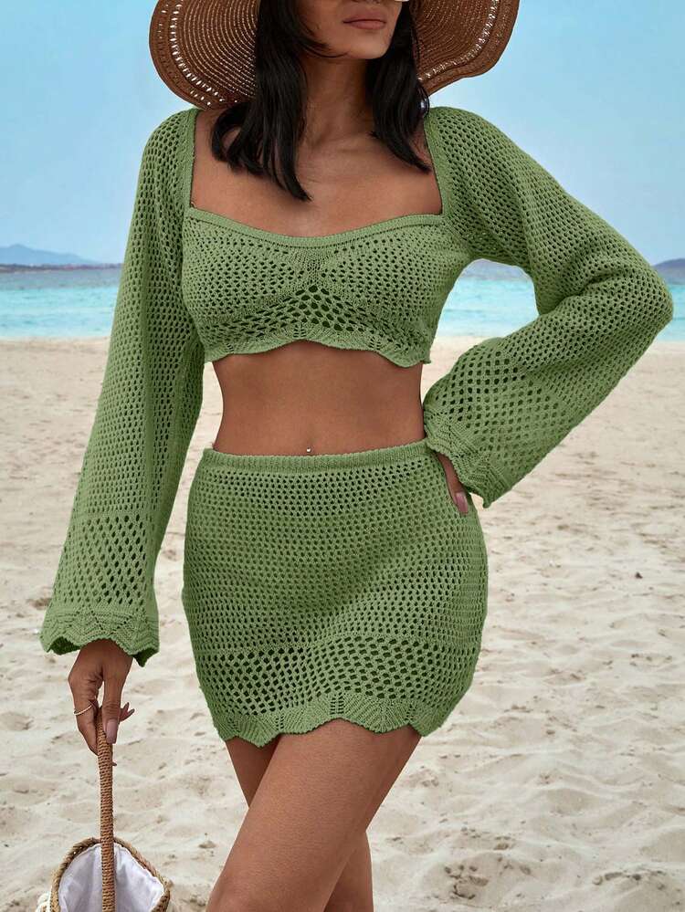 EURMUSE Hollow Out Mini Skirt & Top Cover Up Set - Lime Green - View 5