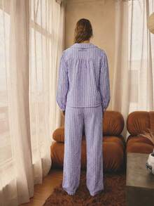 Aralina Bộ đồ ngủ 2 món kẻ sọc, cổ áo xếp ly, tay dài, tay phồng, cài cúc, gồm áo sơ mi và quần dài ống rộng, bộ đồ ngủ Giáng sinh dễ thương và ấm áp. - Màu Lilac Tím - Xem 5