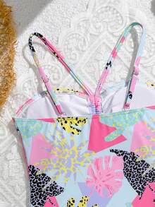 SHEIN 1件套女童彩色印花弹力速干舒适针织泳衣套装，适合海滩、泳池、海边、冲浪、度假、夏季、旅行、假日沙滩装套装；2件套少女印花泳衣，适合7-9岁女孩；比基尼套装；少女泳衣两件套；2件套泳装；女童修身泳衣；沙滩两件套；少女两件套泳衣；两件套女童泳装；两件套夏威夷泳衣；少女两件套泳装 - 彩色 - 查看 4