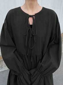 FRIFUL Women's Solid Color Cotton Shirt With Drawstring Collar, Bell Cuffs, Pleated Splice, Loose Casual Versatile Spring Long Sleeve - Black - View 5