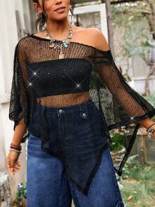 Freevana Plus Size Women Solid Color Batwing Sleeve Loose Sheer Fashionable Blouse, Summer Tops - Black - View 2