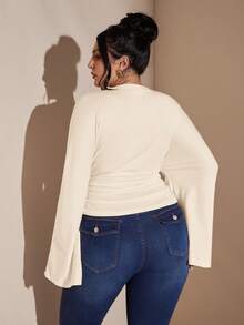 SHEIN BAE Plus Size Elegant Minimalist Solid Color Ruched Waist T-Shirt, Suitable For Commuting, Autumn - Apricot - View 2