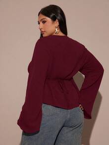SHEIN BAE Atasan Lengan Panjang Berkerut Leher V untuk Wanita Ukuran Besar, Musim Gugur/Dingin - Burgundy - View 2