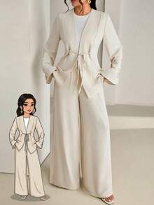 Veilorie 女士V领贴花腰带设计喇叭袖上衣搭配松紧腰阔腿裤休闲通勤套装 - 卡其色 - 查看 10