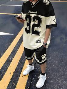 Aesthetic Post 复古美式篮球风格数字 32 和字母印花 V 领短袖短裤套装