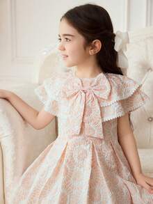 Elladie kids Đầm hè cao cấp kiểu Pháp mới cho bé gái, cổ Peter Pan hai lớp xếp nếp, trang trí nơ 3D, khóa kéo sau lưng, thắt eo, đầm công chúa bồng bềnh, thích hợp cho biểu diễn, bé gái dự tiệc cưới, tiệc tùng. - Hồng - Xem 6