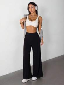 SHEIN PETITE Women's High Elastic Wide Leg Black Trousers High Waist Pants Wide Leg Pants Wide Leg Pant Palazzo Pants Women Black Palazzo Pants Black Flare Pants Black Wide Leg Pants Women Wide Leg Pants - Black - View 4