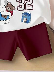 两件套女婴套装，可爱时尚的字母数字印花圆领短袖T恤搭配酒红色短裤，适合春夏日常穿着。 - 彩色 - 查看 4