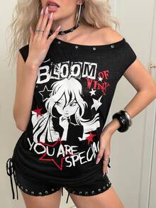 The Winx x SHEIN 女士Y2K休闲时尚街头卡通人物字母印花不对称领口金属孔眼细节修身T恤，夏季 - 黑色 - 查看 3