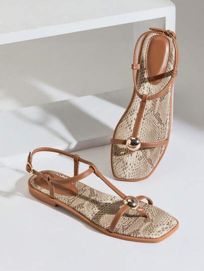 SHUZIA Women's Minimalist Comfortable Gold Metal Decor Ankle Strap Thong Flat Sandals Valentine's Day