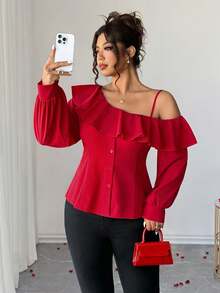 Elenzga Chic Red Plus Size Cold Shoulder Ruffle Top With Asymmetrical Neck And Long Sleeves Fall - Red - View 5